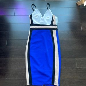 Blue and white midi v-neck dress.